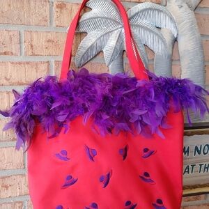 FANCY FUR TRIM RED & PURPLE BAG ~ LARGE SIZE TOTE BAG RED HAT SOCIETY READY